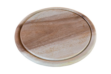 Circular wooden cutting board isolated on a white background.