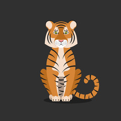 Isolated cartoon sitting orange tiger on black background. Colorful sad tiger. Wild animal personage. Flat design.