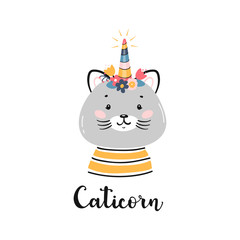 T-shirt Print Design for Kids with Little Funny Caticorn. Doodle Magic Cute Unicorn Cat with Flower Horn. Cartoon Animal Vector illustration. Scandinavian Poster, Baby Shower Greeting Card, Nursery