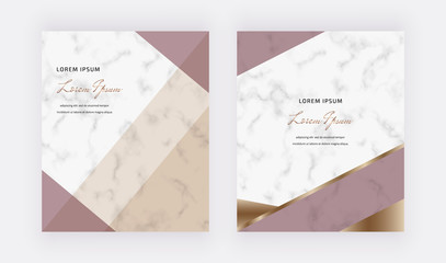 Geometric design with rose gold foil triangular shapes, golden lines on the marble texture. Modern template for banner, card, flyer, invitation, brochure.