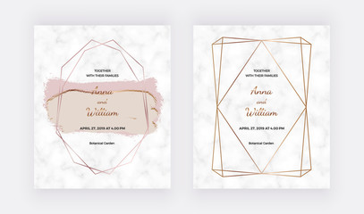 Geometric wedding invitation with polygonal frames and brush stroke shapes on the marble texture. Modern backgrounds for banner, flyer, invitation.