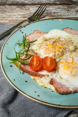 Fried eggs with pork ham.