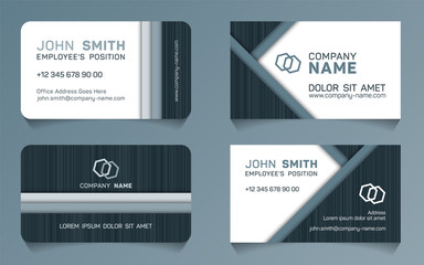 Geometric business card minimal idea vector templates set. Creative business card graphic design with place for logo, employee's name, position, mobile number, website and company office address.