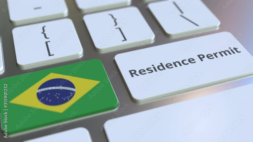Aufkleber residence permit text and flag of brazil on the buttons on the computer keyboard. immigration relate