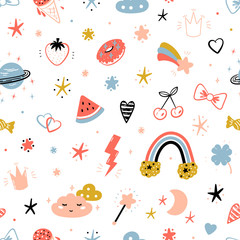 Magic Summer Vector Background for Kids Fashion. Seamless Pattern with Cute Summer Symbols. Doodle Space Sky with Rainbow, Clouds and Stars. Sweet Food, Fruits and Berries