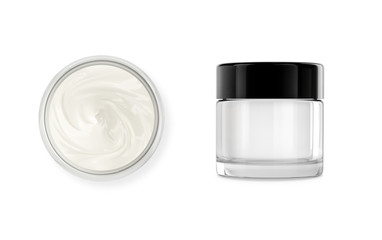 Cosmetic pot with body, face cream. Realistic packaging mockup template with black cap. Isolated on white.	Jar made of glass.