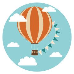 Hot air balloon with flags and clouds in the sky. Vector illustration in cartoon style. Retro poster