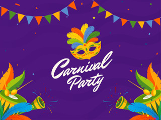 Fototapeta na wymiar Carnival Party Poster Design with Colorful Mask, Feather, Drum and Party Horn on Purple Background.