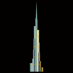 Burj Khalifa tower icon. UAE Dubai symbol. Gray United Arab Emirates building. Logo illustration.