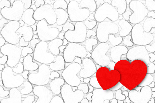Red hearts on white wood texture background. valentines background concept.