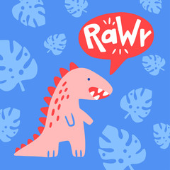 Cute dinosaur cartoon vector illustration with text rawr for prints and posters, invitation and greeting cards