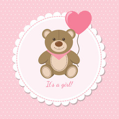 Fototapeta na wymiar Baby shower celebration, happy birthday, greeting and invitation card. Cute teddy bear with heart balloon. Vector illustration in cartoon style