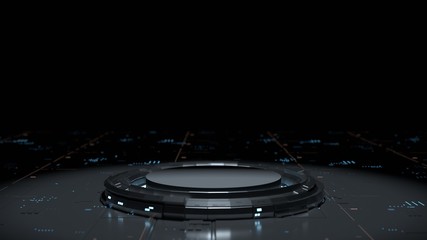 3D Rendering of glowing blue futuristic podium on abstract sci fi technology floor. Blank pedestal for product display. Background for technology product, big data, computer hardware, ai, crypto