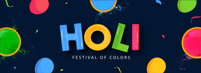 Holi Festival Of Colors Text with Top View of Color Bowls and Balloons Decorated on Blue Background. Header or Banner Design.