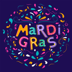 Creative Stylish Mardi Gras Text Decorated with Colorful Arc Drops on Purple Background.