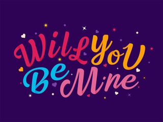 Colorful Will You Be Mine Font Decorated with Tiny Hearts on Purple Background.