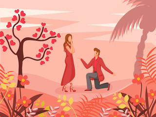 Plakat Young Boy Proposing To His Girlfriend with Love Tree on Beautiful Nature View Background.