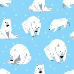 Seamless Polar Bear Pattern with Blue Background, Cute Bear Cartoon Vector Illustration. Can be used for textile, poster, wallpaper, birthday card.