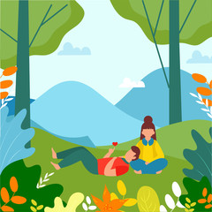 Young Girl and Boy Lying Down Heart Showing From hand on Beautiful Nature Landscape Background.