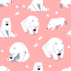 Seamless Polar Bear Pattern with Pink Background, Cute Bear Cartoon Vector Illustration. Can be used for textile, poster, wallpaper, birthday card.