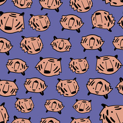 Cute tigers hand drawn color vector seamless pattern. Tiger characters cartoon texture. Web, wrapping paper, textile, background fill