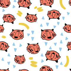 Cute tigers hand drawn color vector seamless pattern. Tiger characters cartoon texture. Web, wrapping paper, textile, background fill