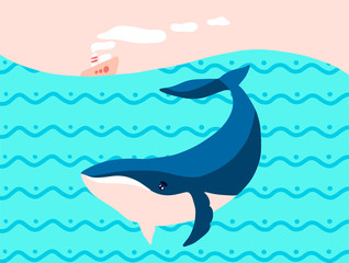 Card template with huge white whale swimming under the small steamboat. Flat style vector illustration.