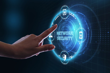 Business, technology, internet and networking concept. Young businessman select the icon Network...