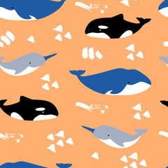 Seamless pattern with cute cartoon whale, orca, narwhal on orange background. Vector sea background for kids. Character design for fabric, textile, decor, children invite, baby shower
