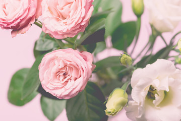 Beautiful Flowers in a Vase Spring Background White and Pink Flowers Horizontal Pink Roses and Eustoma Holiday Card