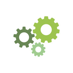 Gears icon isolated on white. Combination of pinions of green and olive colors.