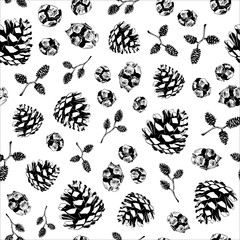 Seamless pattern with hand drawn vector illustration of pine, alder and cypress cones. Forest Autumn Winter collection