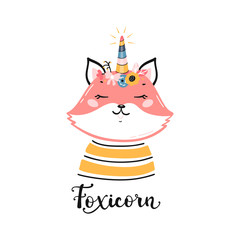 T-shirt Print Design for Kids with Little Funny Foxicorn. Doodle Magic Cute Unicorn Fox with Flower Horn. Cartoon Animal Vector illustration. Scandinavian Poster, Baby Shower Greeting Card, Nursery