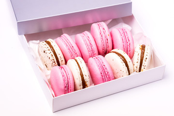 Pink Strawberry and White Caramel and Salt Macarons in Box French Delicate Dessert Pink and White Pastel Macarons