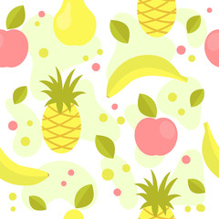 Summer seamless pattern with fruit.Banana, Apple, pear, pineapple.Health, vitamins, diet.Bali,a tropical.Summer fun background for packaging design or background for your site.Flat vector illustration