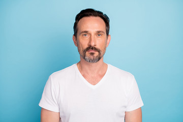 Close-up portrait of his he nice attractive content brunet guy qualified tech IT geek expert...