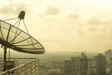 Bangkok / Thailand - 8 March 2019: Bird's eye view to show the beautiful sky and heavy traffic above the city view of Bangkok that is full of harmful PM 2.5 dust that is harmful to the body.