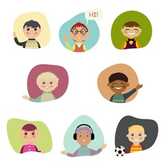 In every window pit, people and children talk, smile, wave their hands, play, sing, and listen to music. Flat design style minimal vector illustration