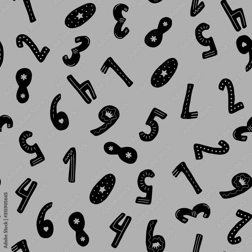 Fototapete seamless pattern with randomly scattered english numbers on a gray background. monochrome scandinavi