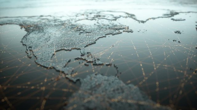 Globalized world, the future of digital technology. Connections and cloud computing in the virtual world. World map with satellite data connections. Connectivity across the Americas.