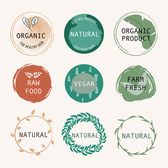 Organic label and product made with natural label. Tag and Sticker Farm fresh logo vegan food mark guaranteed.