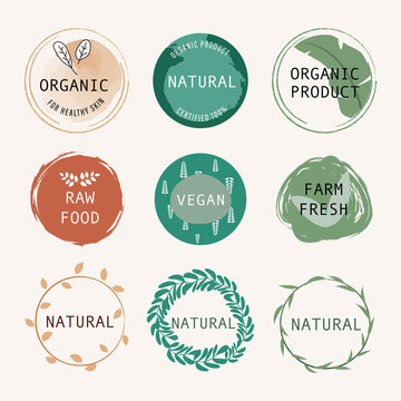 Organic label and product made with natural label. Tag and Sticker Farm fresh logo vegan food mark guaranteed.