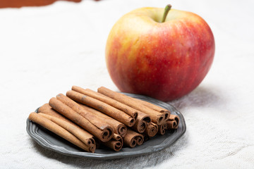 Winter pastry food ingredient, dried aromatic cinnamon sticks and apple on tin plate