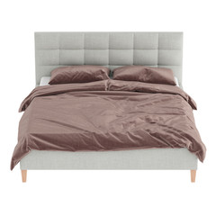 A double gray bed with a stitched fabric headboard and brown linen on a white background. Front view. 3d rendering