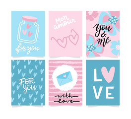 Set of Valentine's day artistic hand drawn greeting card or background in trendy style. Cute templates with lettering and doodle design. Flat hipster graphic of poster, label, banner. Vector