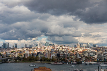 Fototapeta premium Istanbul, Turkey - October, 2019: Galata tower at Sunset. Istanbul, Turkey . Travel and Business background