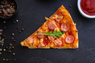 pizza sausages (tomato sauce, cheese, meat). food background. top view. copy space