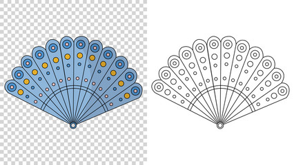 Asian fans. Colored hand traditional fan isolated on transparent background, paper folding painting vector fan in web style. Decorative whisker for man and woman. And sketch style