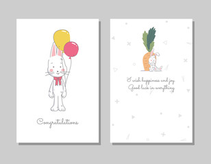 Two banners with funny cute bunny. Hand drawn rabbit standing with color balloon and seated lean on carrots. Vector illustration in flat style