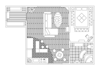Architectural Color Floor Plan. Detailed apartment sketch top view. Studio Apartment With One Bedroom. Flat style vector illustration. Black and white style
